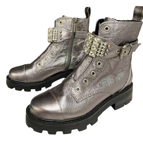 Karl Lagerfeld Maeva Embellished Buckled Zip Booties In Silver Sz 6 NEW - Picture 4 of 7